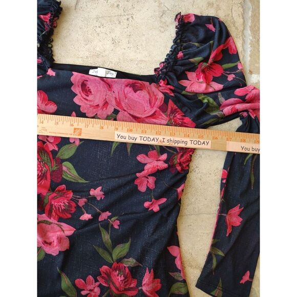Jolie & Joy Top Womens Size Medium Square Elastic Neck Black Floral Long Sleeve - Picture 4 of 7